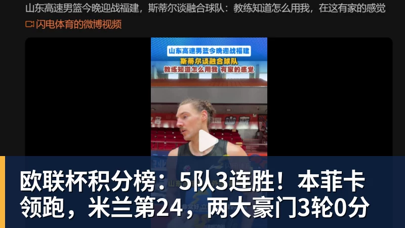 欧联杯积分榜：5队3连胜！本菲卡领跑，米兰第24，两大豪门3轮0分